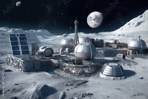 lunar base with solar panels and telescopes, created with generative ai