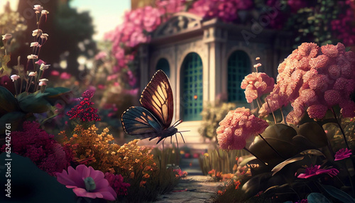 Beautiful fantasy garden with different flowers and butterfly. Blooming outdoor background Ai generated image