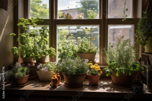 window garden filled with blooming flowers and herbs for cooking  created with generative ai
