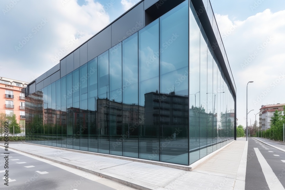 modern office building with glass facade and minimalist design, exterior view, created with generative ai