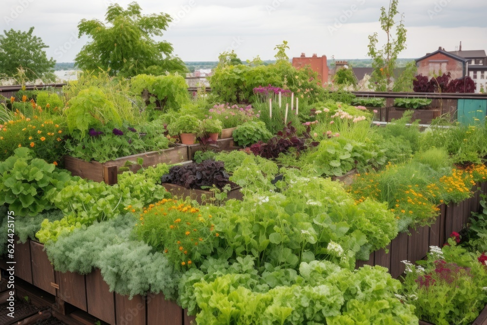 Naklejka premium green rooftop garden with vegetables, herbs, and flowers, created with generative ai