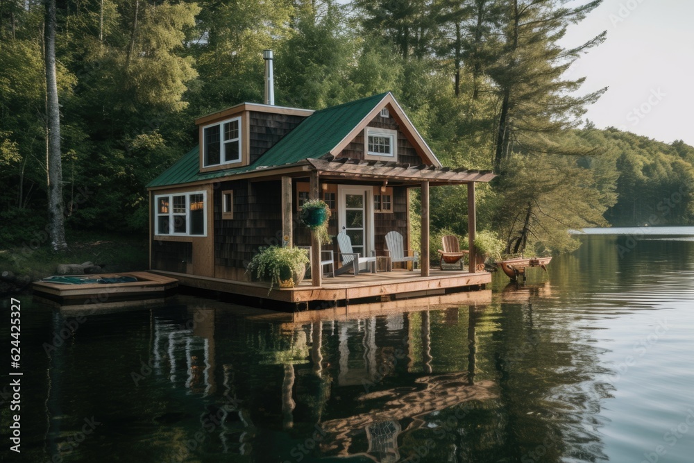 tiny house with wraparound porch and rocking chair on a serene lake, created with generative ai tiny house with wraparound porch and rocking chair on a serene lake, created with generative ai