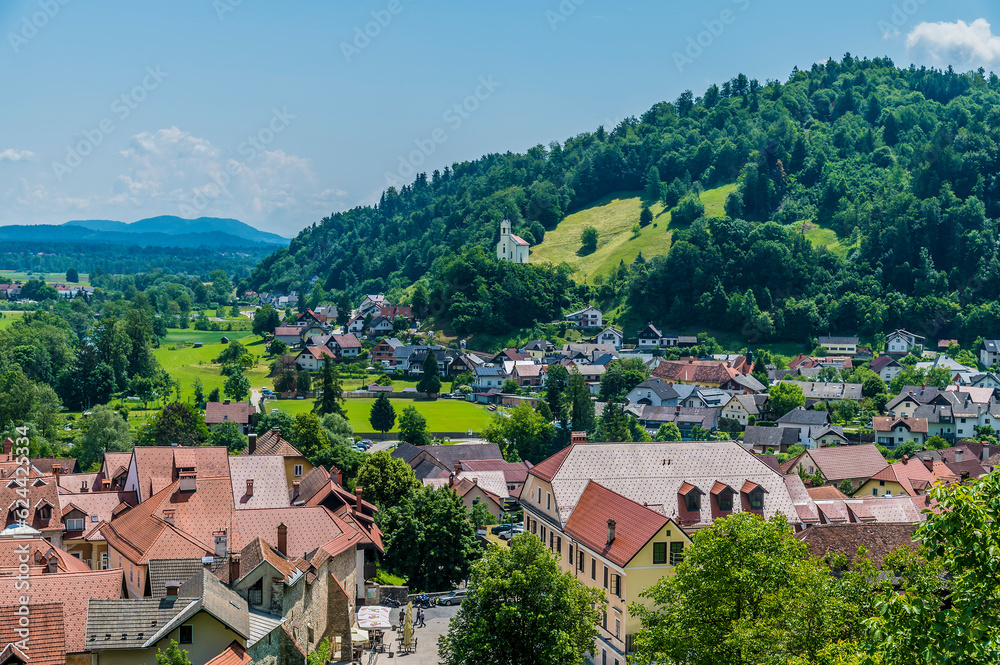 A view south above the old town of Skofja Loka, Slovenia in summertime
