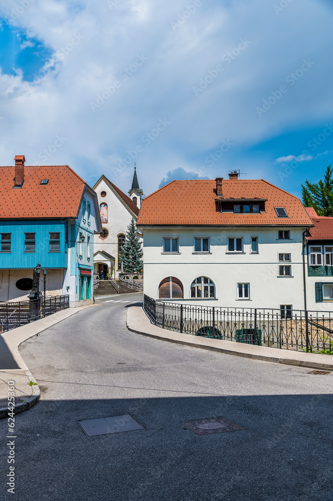 A view toward the fourteenth century, Capuchin bridge in the old town of Skofja Loka, Slovenia in summertime