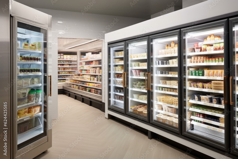walk-in freezer with selection of frozen foods and beverages, created with generative ai