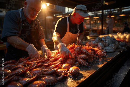 Australian Sunrise Fish Market. Bustling Fish Market at Dawn in Sydney, Australia. Seafood Delights AI Generative.
