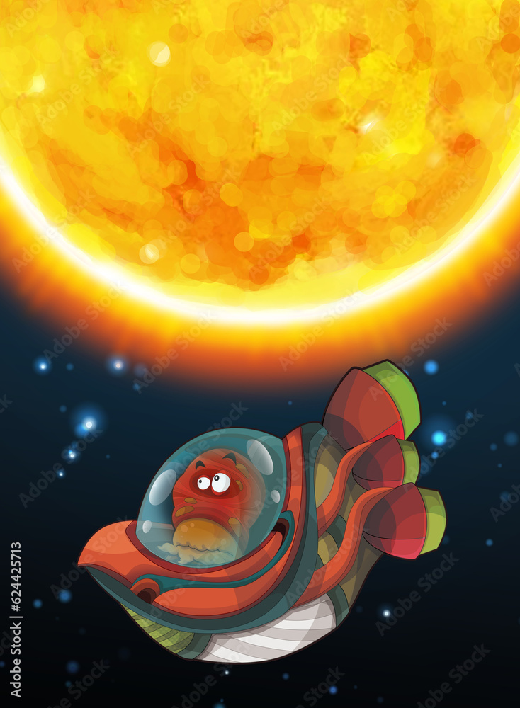 Fototapeta premium Cartoon funny colorful scene of cosmos galactic alien ufo space craft ship isolated illustration for children