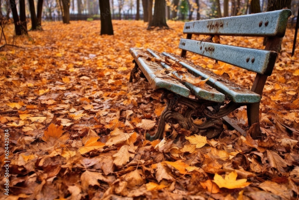 leaves and debris covering a park bench, created with generative ai
