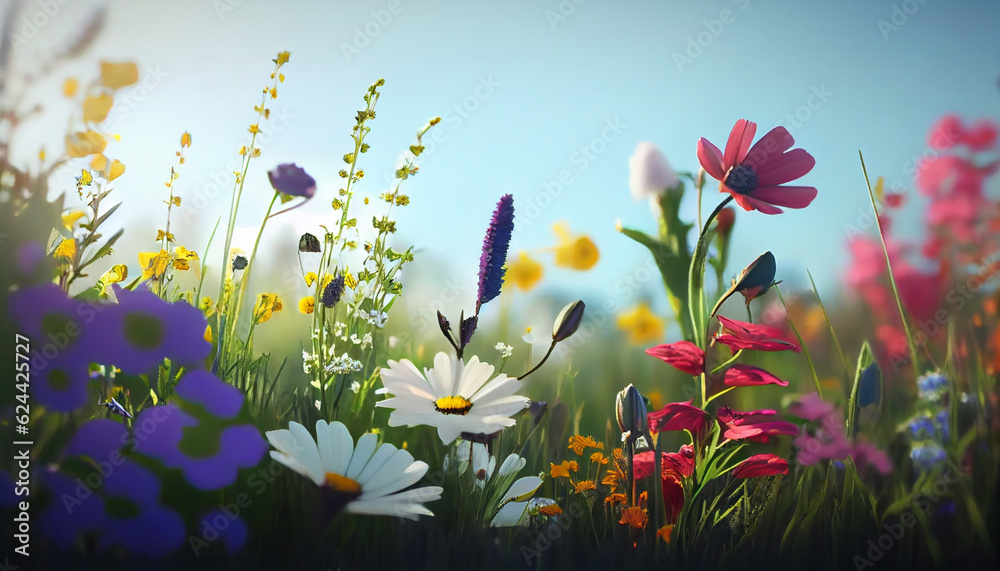Beautiful spring blooming field with different flowers. Sunny meadow with wildflowers. Horizontal outdoor background Ai generated image
