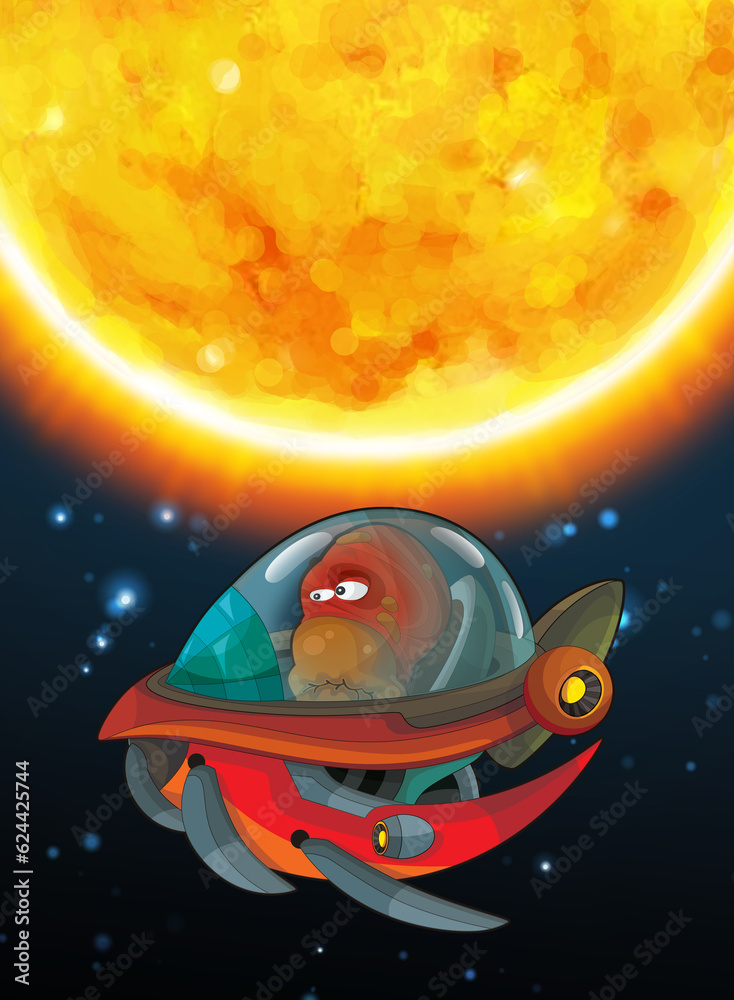 Naklejka premium Cartoon funny colorful scene of cosmos galactic alien ufo space craft ship isolated illustration for children