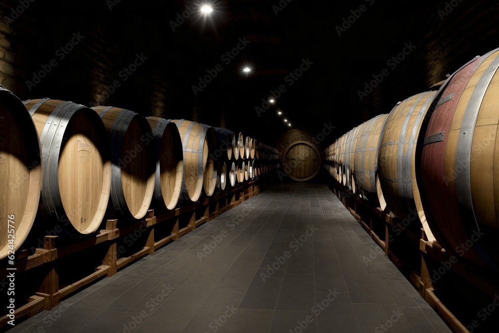 A Row Of Wine Barrels Lined Up In A Cellar