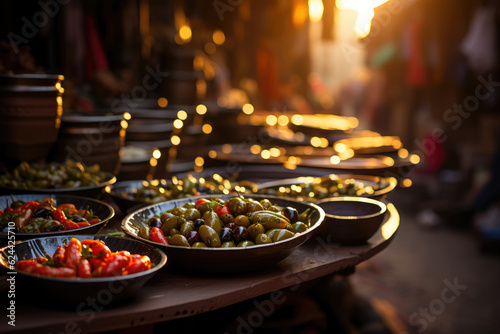 Sunset Souk. A Bustling Moroccan Market in Marrakech at Sunset. Olive Delights Concept. AI Generative 