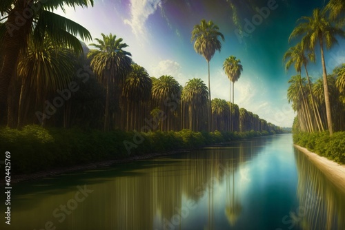 A Painting Of A River Surrounded By Palm Trees