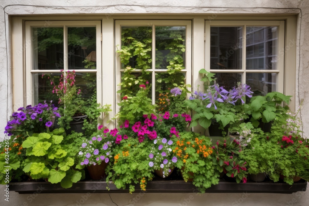 bright and colorful window garden with mix of foliage, blooms, and herbs, created with generative ai bright and colorful window garden with mix of foliage, blooms, and herbs, created with generative ai