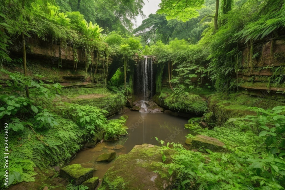 Fototapeta premium serene landscape with waterfall, surrounded by lush greenery, created with generative ai