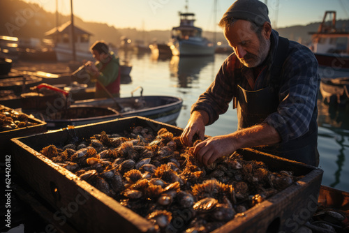 Oceanic Morning Bazaar. Bustling Shellfish Market in Galicia, Spain at Dawn. Fishing Culture AI Generative.  © Mr. Bolota