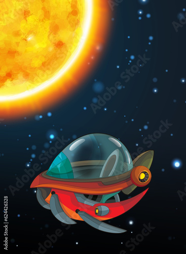 Cartoon funny colorful scene of cosmos galactic alien ufo space craft ship isolated illustration for children