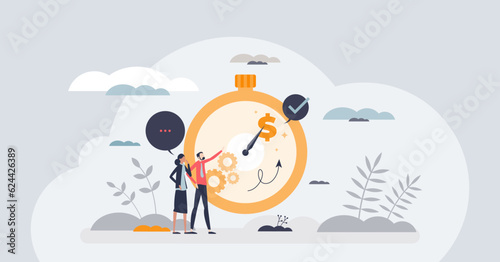 Business strategy with digital marketing series planning tiny person concept. Effective and precise timing for advertisement, ads and commercials in social media for best profit vector illustration.