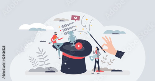 Content making for marketing influencers and online blogs tiny person concept. Podcast in social media or websites as creative editor work vector illustration. Write or make video for internet project
