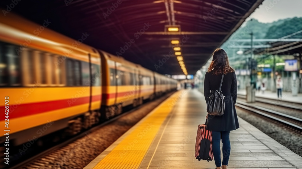 Woman waiting at platform of railway station, rear view. Generative AI Woman waiting at platform of railway station, rear view. Generative AI