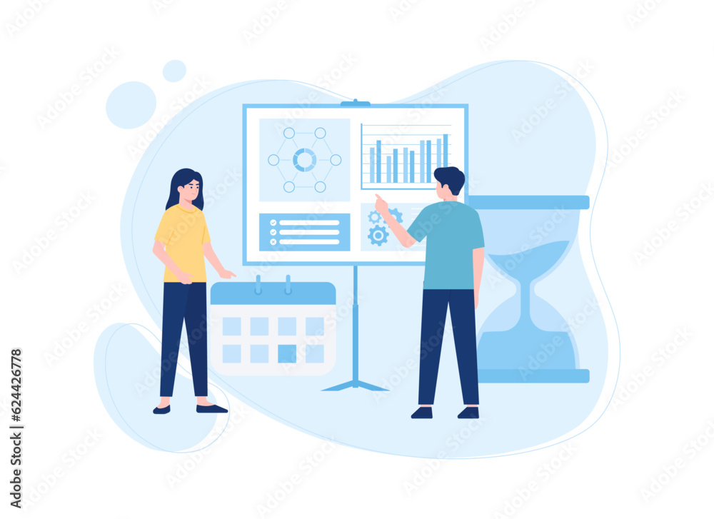 Presentation with data, calendar and time concept flat illustration