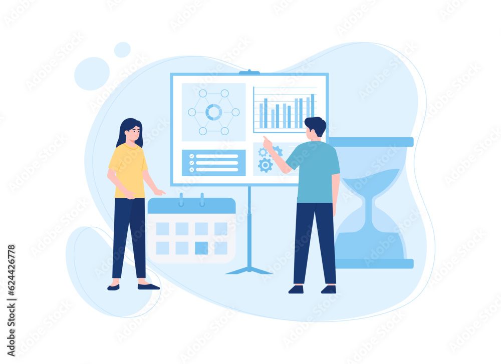 Presentation with data, calendar and time concept flat illustration Presentation with data, calendar and time concept flat illustration