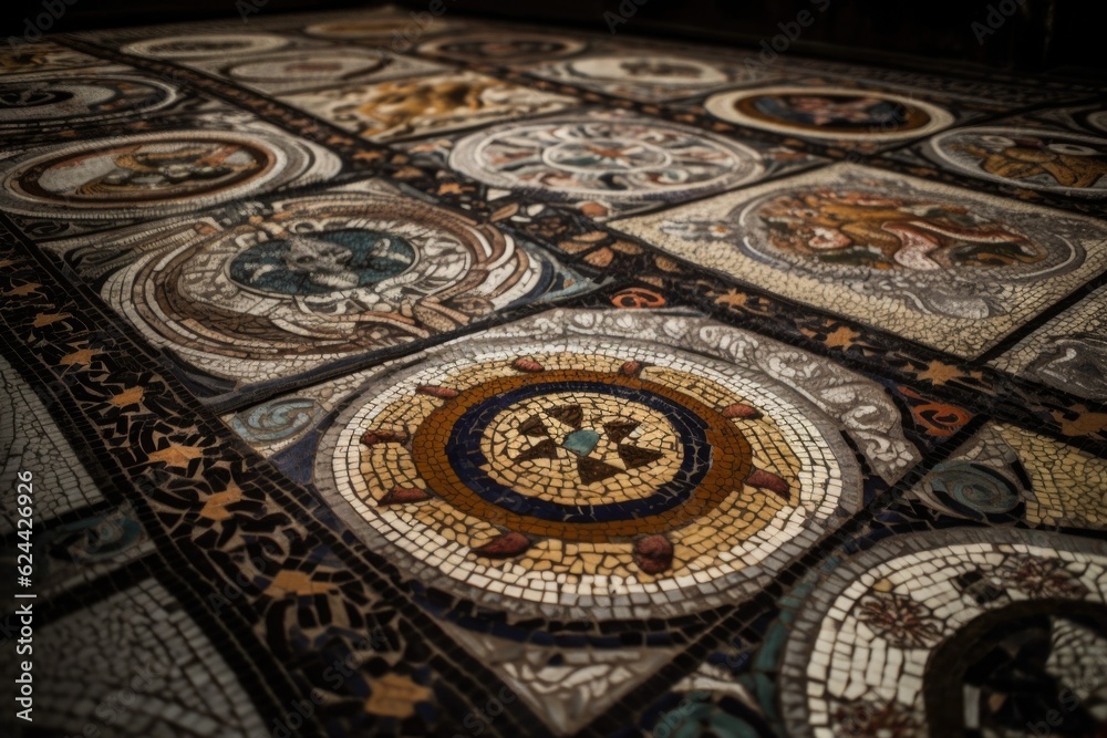 close-up of mosaic with intricate details, against dark background, created with generative ai