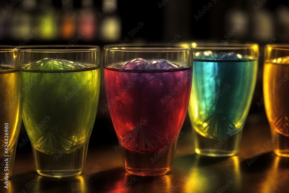 A Row Of Different Colored Glasses Sitting On Top Of A Table A Row Of Different Colored Glasses Sitting On Top Of A Table