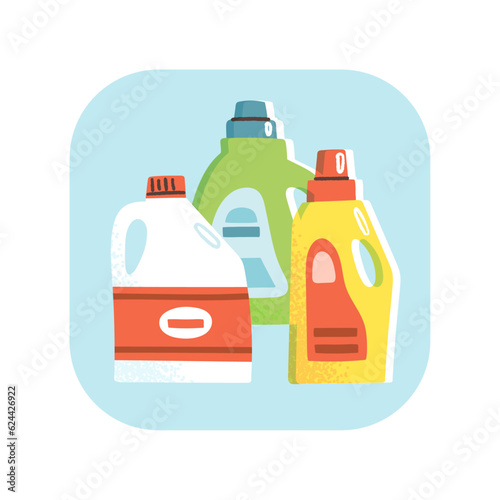 Cleaning products in bottles icon. Vector illustration of detergent used for housework. Household chores concept in flat hand drawn style.