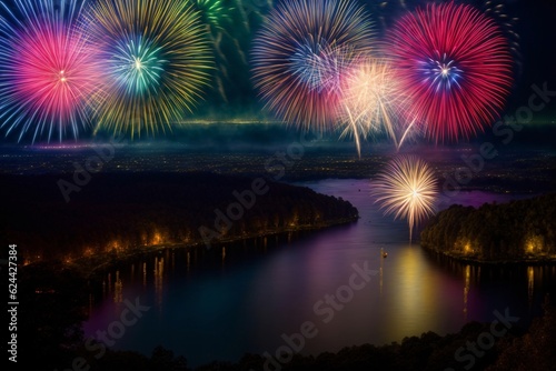 A Colorful Fireworks Display Over A Body Of Water