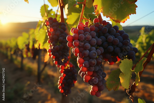 Harvest Beauty. A picturesque vineyard during harvest season, with grapes in focus. Wine-making and autumnal splendor concept. AI Generative photo