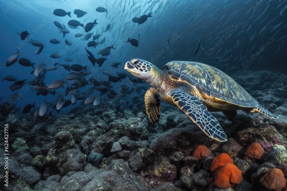 sea turtle swims past schools of colorful fish, created with generative ai