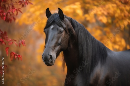 Black horse portrait outside with colorful autumn leaves in background. Generative AI