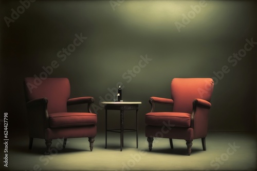 A Couple Of Red Chairs Sitting Next To A Table