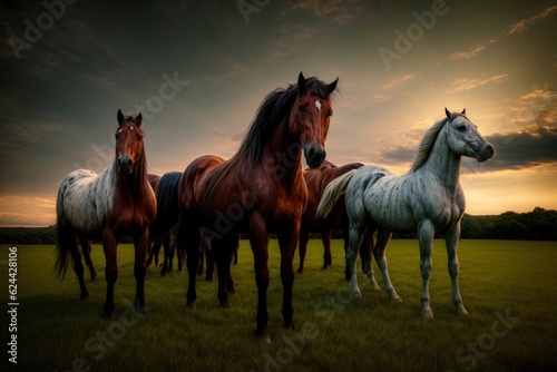 A Group Of Horses Standing On Top Of A Lush Green Field