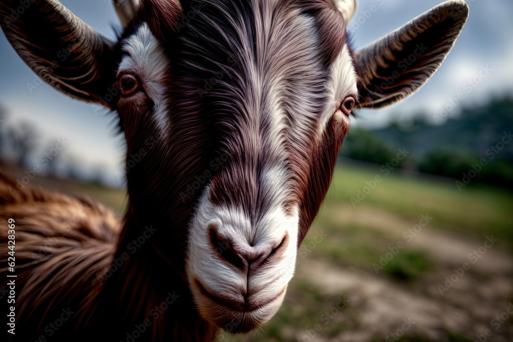 A Brown And White Goat Standing On Top Of A Lush Green Field A Brown And White Goat Standing On Top Of A Lush Green Field