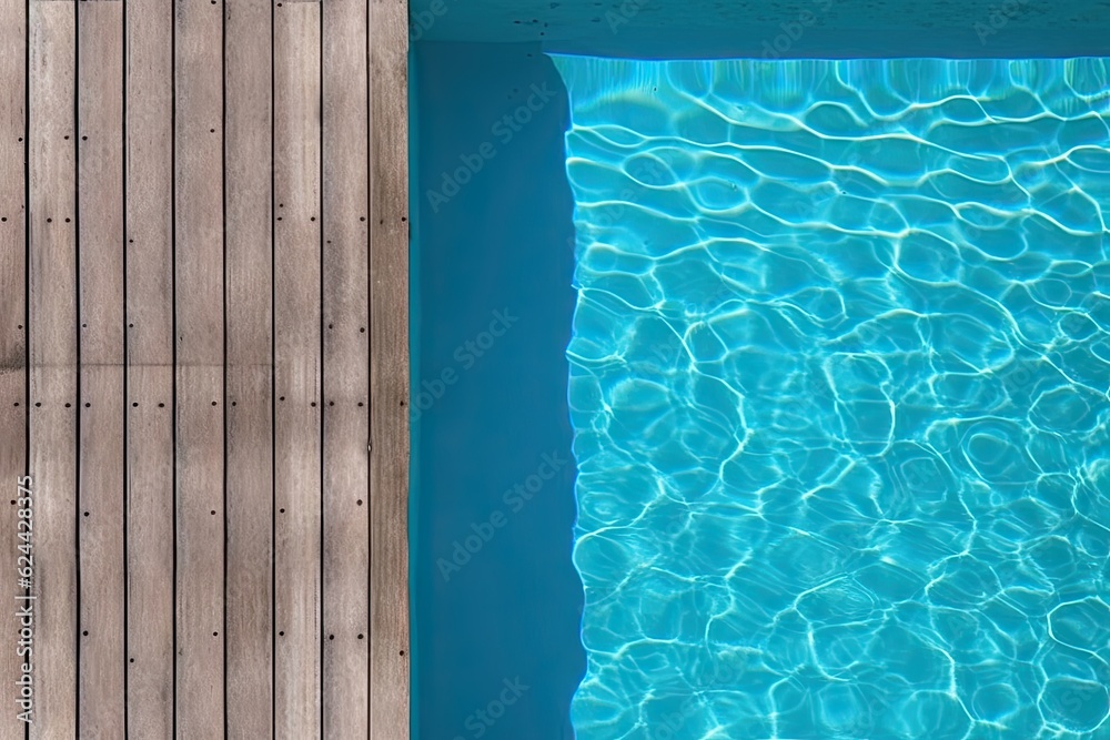 Obraz premium Poolside paradise. Top view of an empty outdoor pool with wooden board on beautiful relaxing background