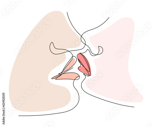One line continuous portrait of couple man and woman in love kissing. Romantic couple kissing. Minimalist black line sketch isolated on white background. Valentine's Day. First kiss day.