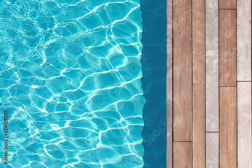 Poolside paradise. Top view of an empty outdoor pool with wooden board on beautiful relaxing background © Thares2020