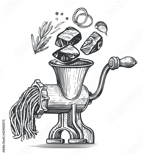 Retro iron manual meat grinder with handle. Vintage mincer and food ingredients with spices for minced meat and sausages