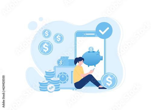 Woman saving in online piggy bank app concept flat illustration