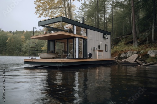 tiny house perched atop platform or stand to give the illusion of floating, created with generative ai