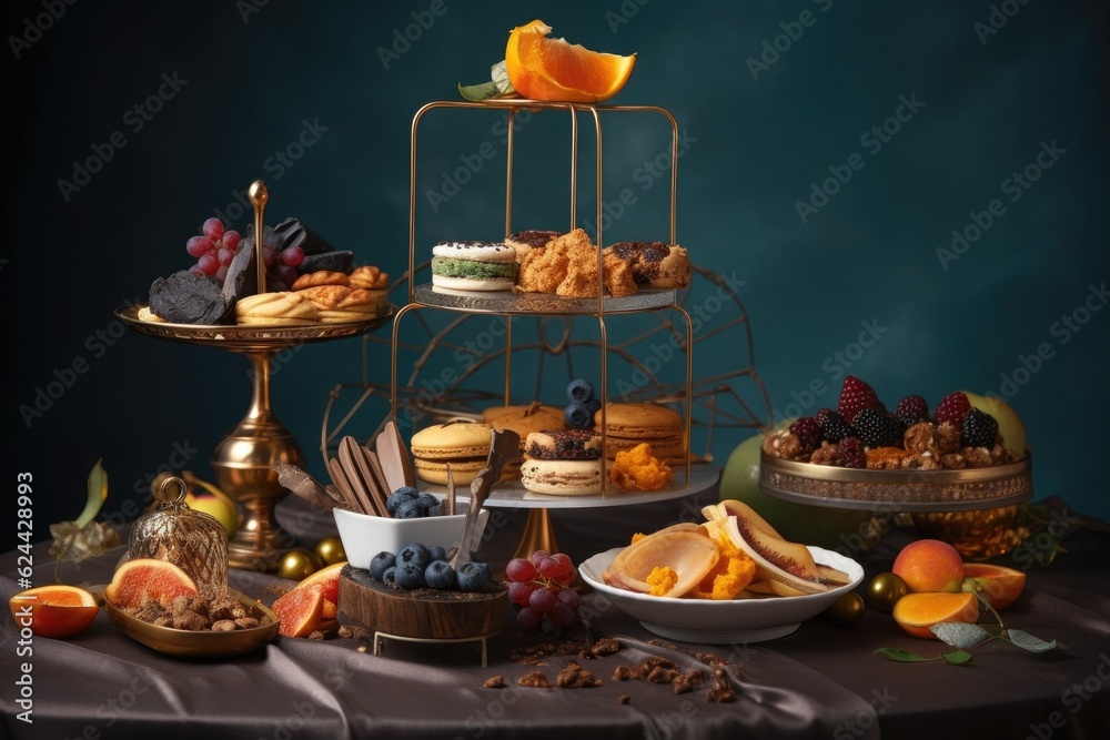 three-tier cake stand with assorted pastries and sweets, created with generative ai