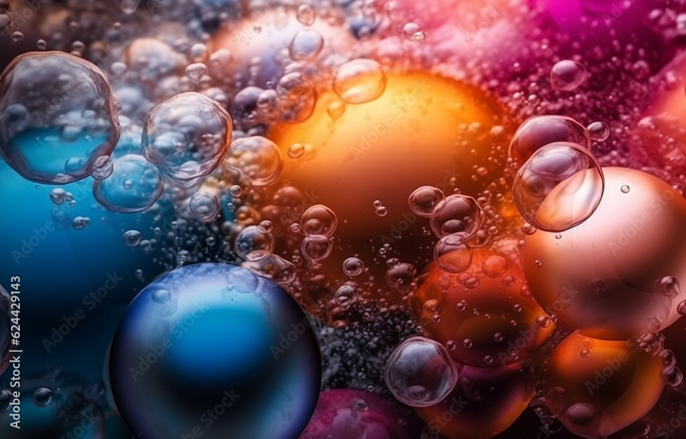 Abstract Background featuring colorful bubbles of various sizes made of liquid and smoke made with AI generative technology