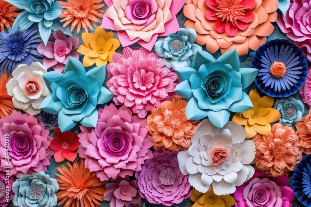 colorful paper flower wall for a vibrant background, created with generative ai