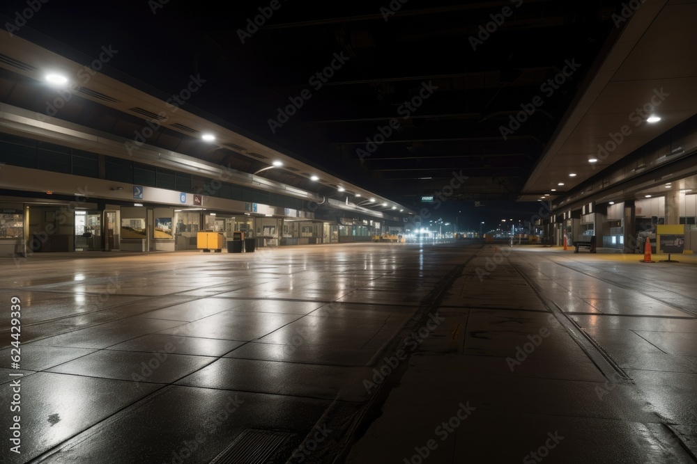 nighttime view of empty airport terminal with dimmed lighting, and distant sounds of airplanes, created with generative ai