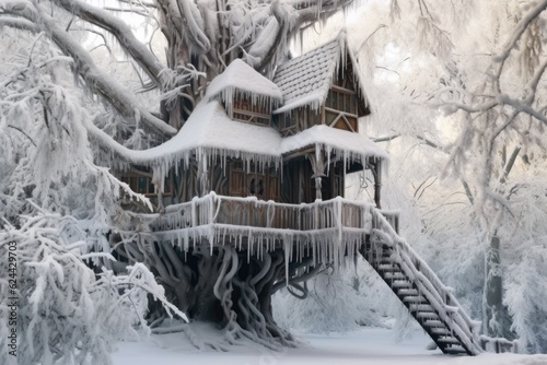 snow-covered treehouse with icicles hanging from roof, created with generative ai