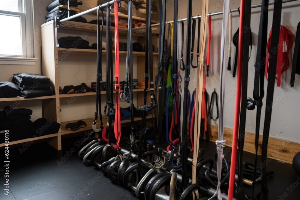 hanger full of fitness gear, including jump ropes, exercise balls, and weighted bars, created with generative ai