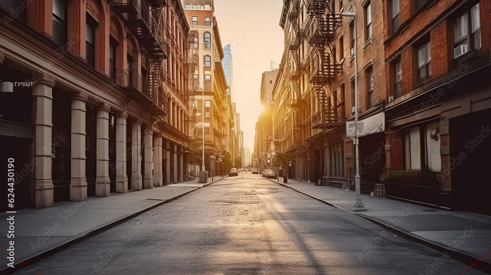 A Captivating Empty Street Bathed in the Warmth of Sunset. Generative AI