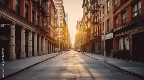 A Captivating Empty Street Bathed in the Warmth of Sunset. Generative AI © Gasspoll